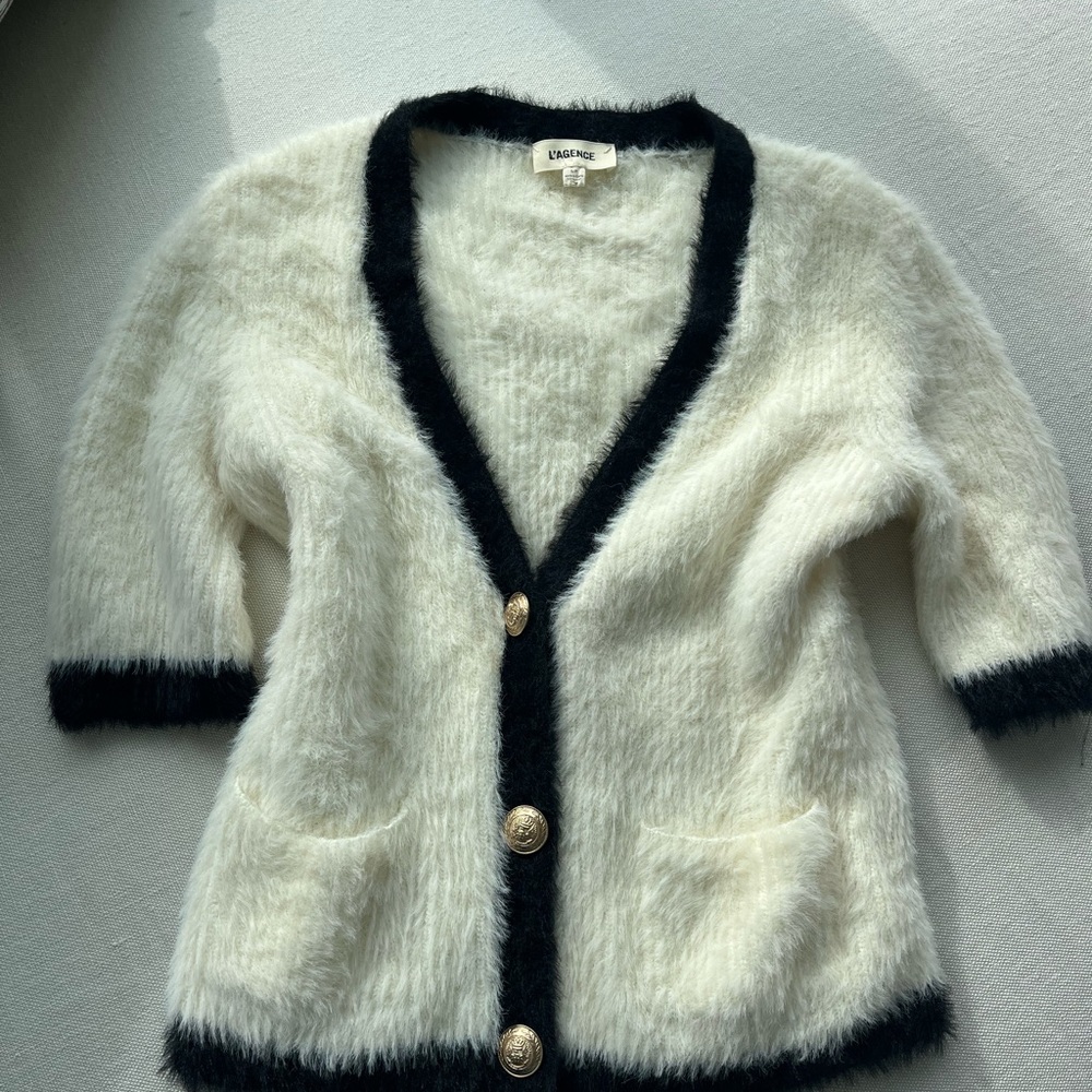 L'AGENCE Cream Fuzzy Knit Cardigan with Black Trim